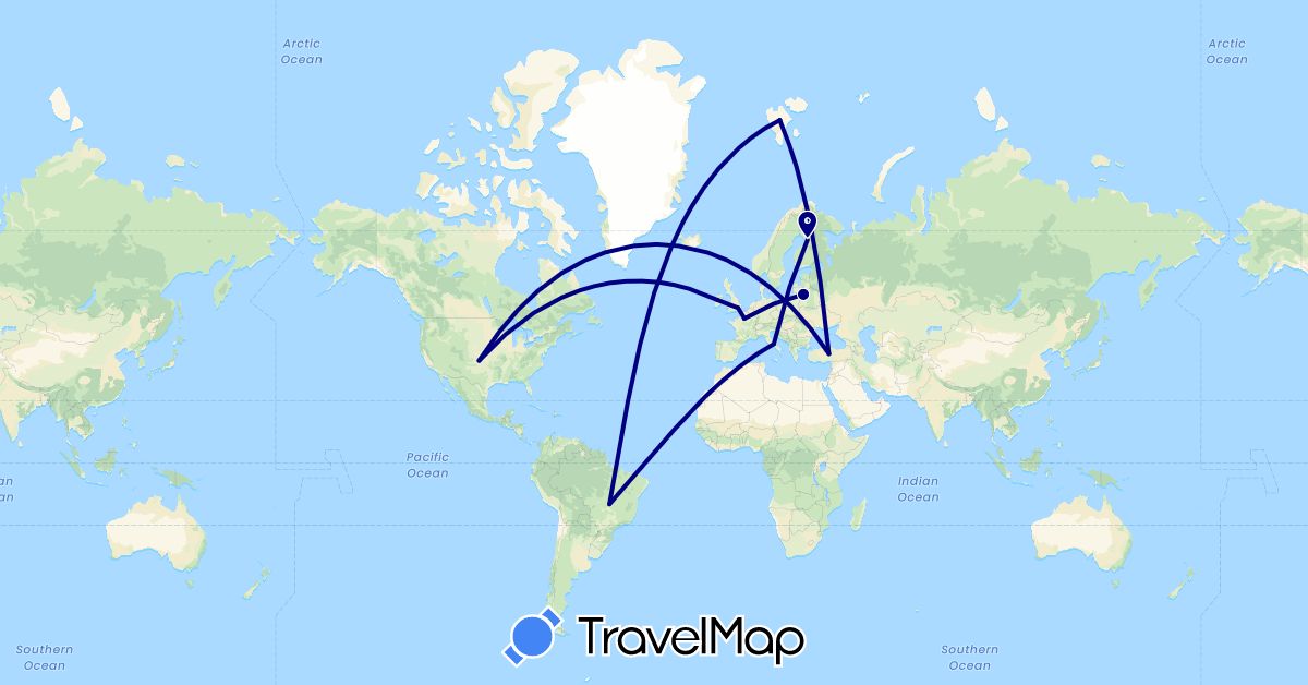 TravelMap itinerary: driving in Brazil, Finland, France, United Kingdom, Ireland, Italy, Lithuania, Norway, Turkey, United States (Asia, Europe, North America, South America)